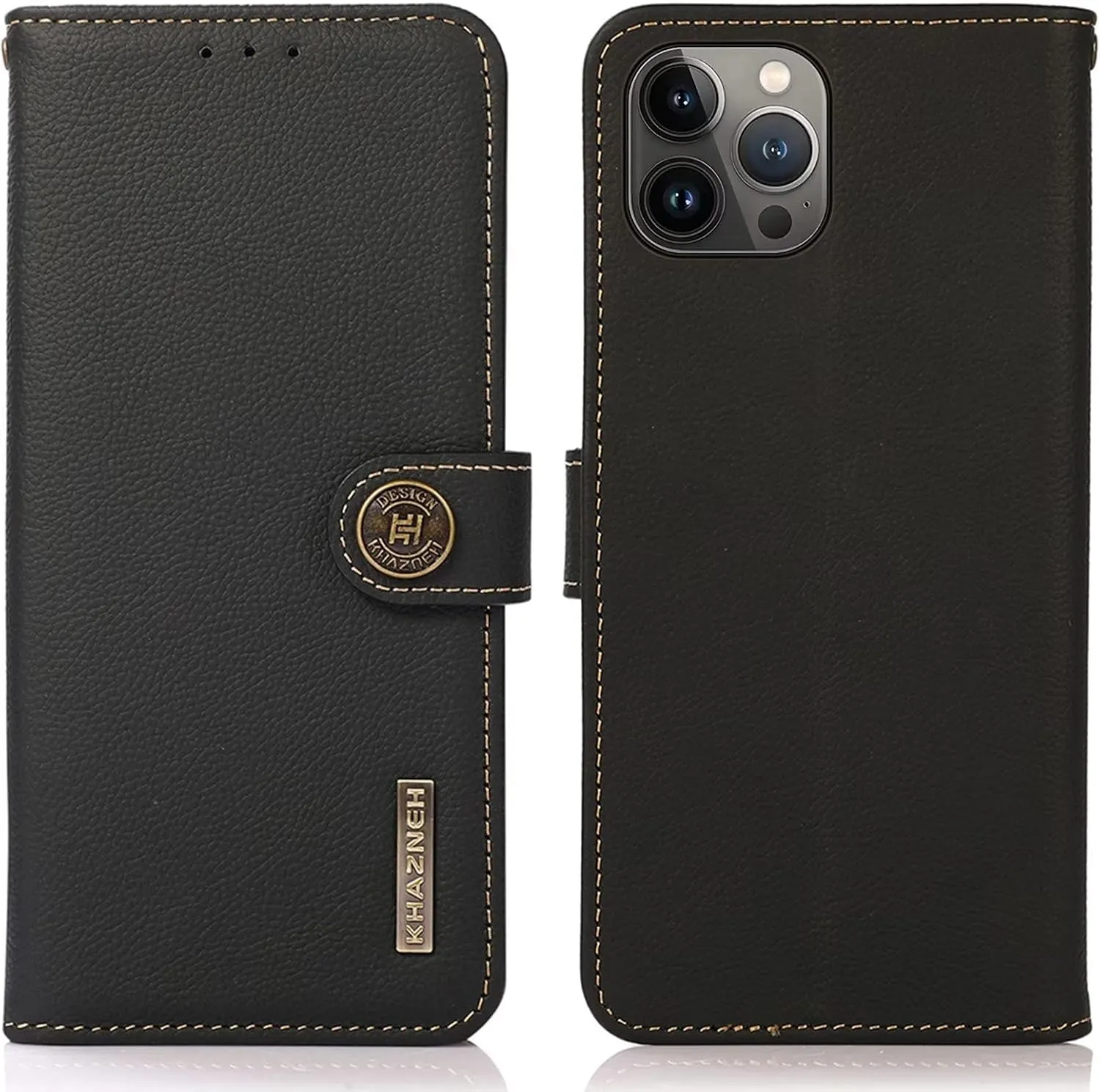 for iPhone 14 Pro Wallet Case，Cowhide Genuine Leather Folio Flip Cover with RFID Credit Card Holder Cash Holder Magnetic Closure Anti-Fall Shockproof TPU Kickstand Black