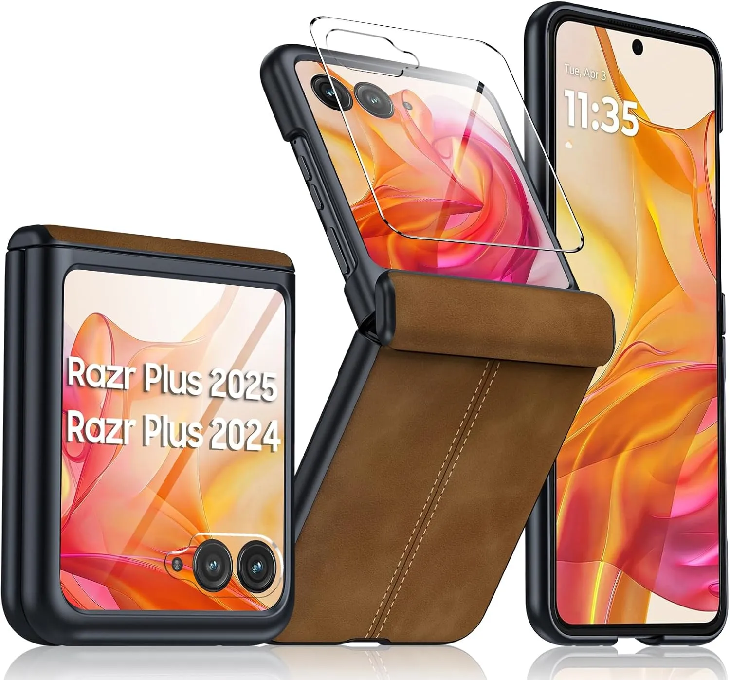for Motorola razr  Plus 2024 Case/Razr  Plus 2025 Case Built-in Screen Protector& Hinge Protection & Ultra Thin PU Leather Matte PC Shockproof Phone Case for Moto Razr  2024/Razr  2025 (Brown)