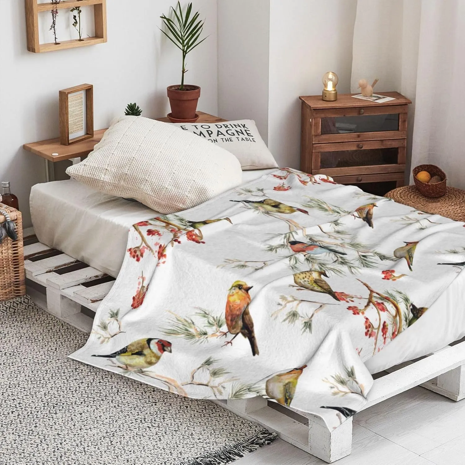 Forest Bird Spring Blanket, Soft Blankets Flannel Bed Throw Cozy Lightweight Plush Gifts for Kids Boys Girls Women Men Sofa Couch Bedroom Living Rooms Warm All Season, Home Decor, 60"x50"
