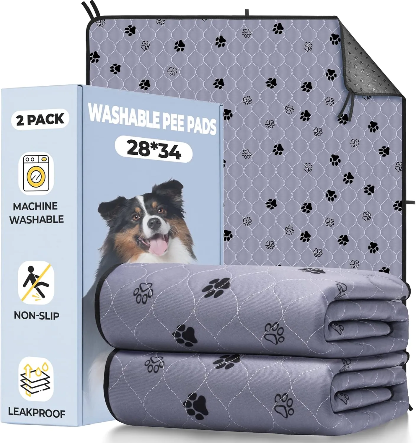 Fostanfly Washable Pee Pads for Dogs, 2 Pack 28''x34'' Large Ultra-Absorbent and Leak-Proof Non-Slip Reusable Potty Training Pads for Dogs, Puppy and Cats of Add 8 Lanyards