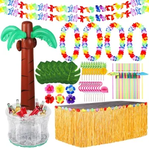 Fovths 70 Pack Luau Party Decoration Hawaiian Beach Theme Party Favors 60 Inches Inflatable Palm Tree Cooler With Luau Party Supplies for Hawaiian Party