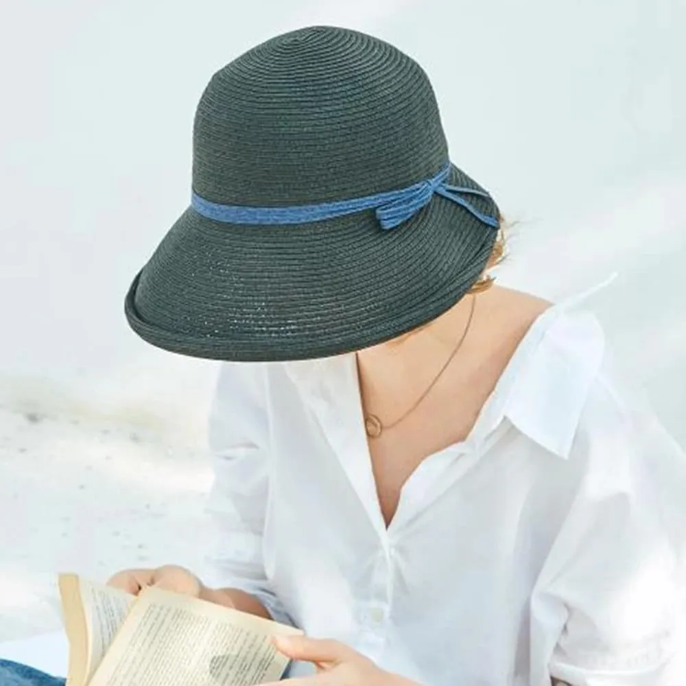 French Straw Bonnet Cap for Women Victorian Sun Hats Chin Strap Foldable Summer Bucket Hat Beach Sun Hat Fedoras