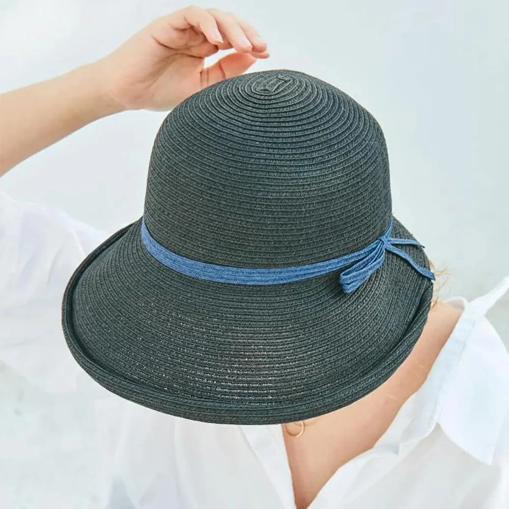 French Straw Bonnet Cap for Women Victorian Sun Hats Chin Strap Foldable Summer Bucket Hat Beach Sun Hat Fedoras