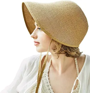 French Straw Bonnet Cap for Women Victorian Sun Hats Chin Strap Foldable Summer Bucket Hat Beach Sun Hat Fedoras