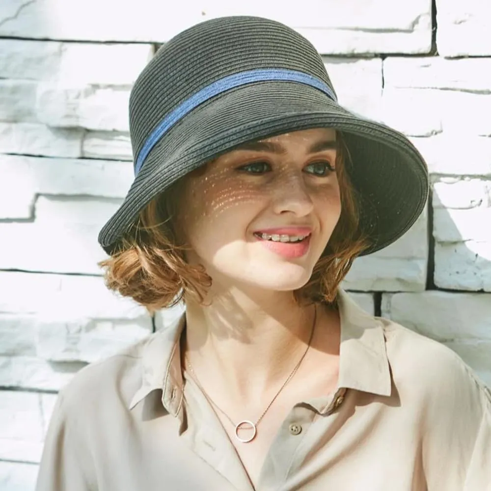 French Straw Bonnet Cap for Women Victorian Sun Hats Chin Strap Foldable Summer Bucket Hat Beach Sun Hat Fedoras