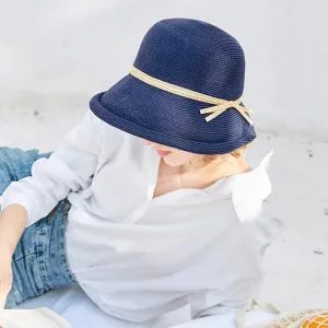 French Straw Bonnet Cap for Women Victorian Sun Hats Chin Strap Foldable Summer Bucket Hat Beach Sun Hat Fedoras