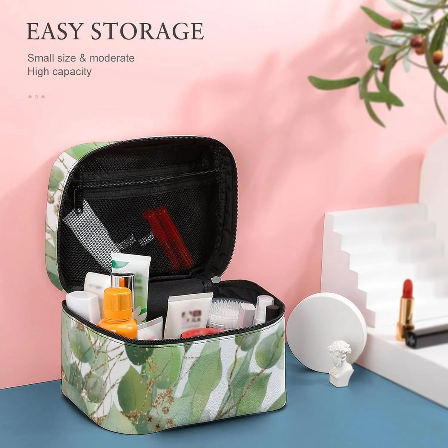 Fresh Sage Green White Convenient Makeup Bag with Large Capacity, Scratch Resistant And Stain Resistant