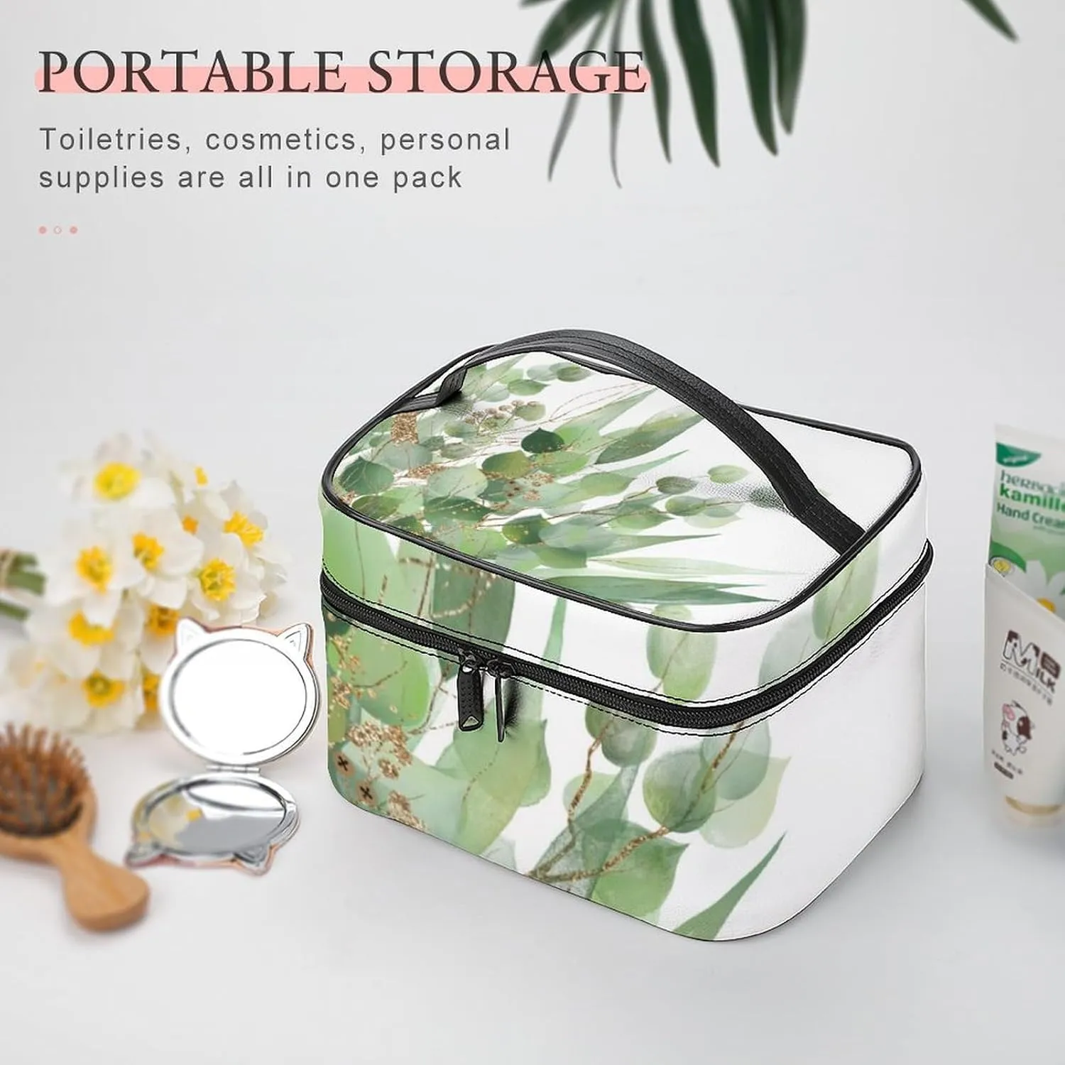Fresh Sage Green White Convenient Makeup Bag with Large Capacity, Scratch Resistant And Stain Resistant