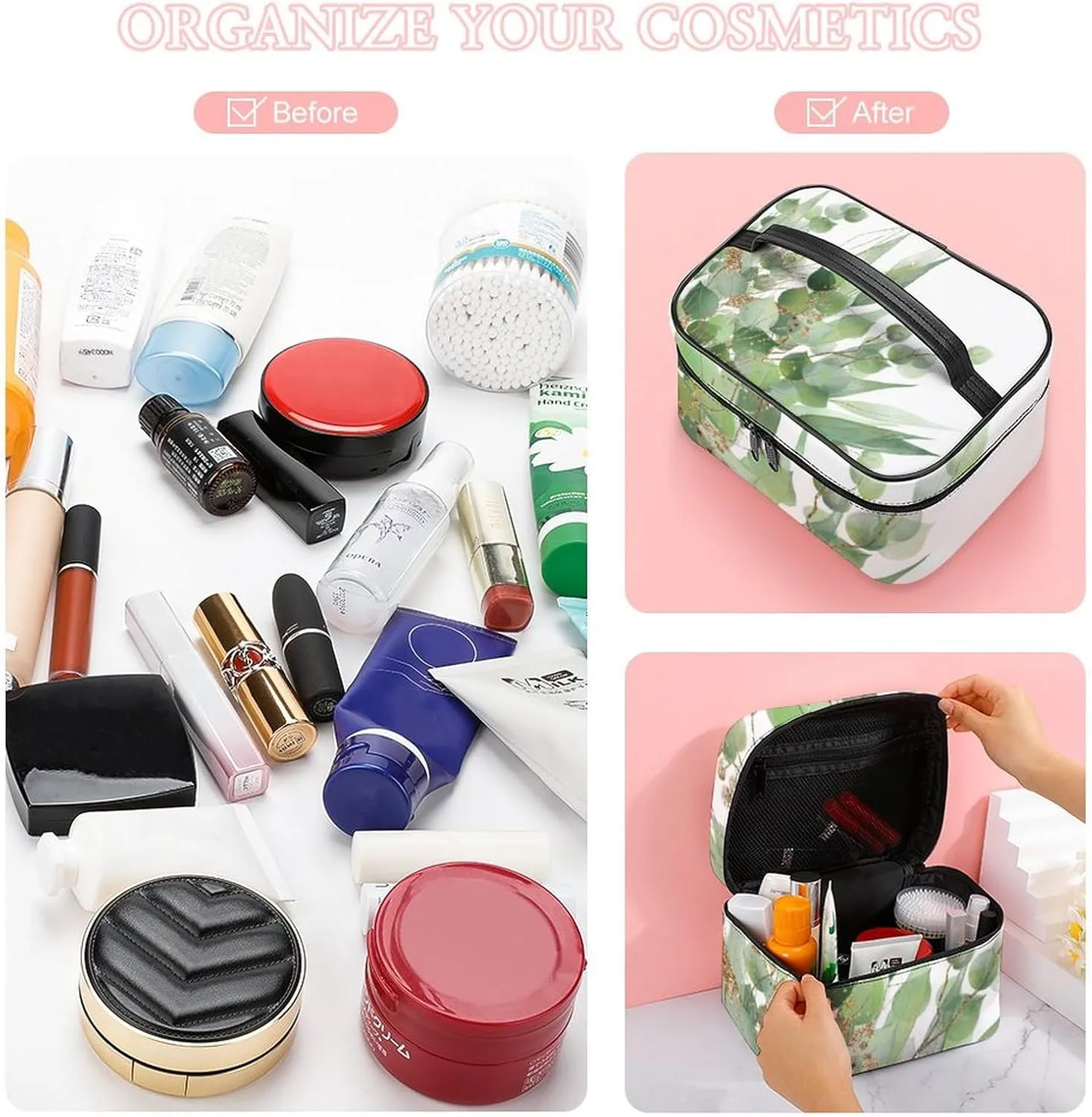 Fresh Sage Green White Convenient Makeup Bag with Large Capacity, Scratch Resistant And Stain Resistant