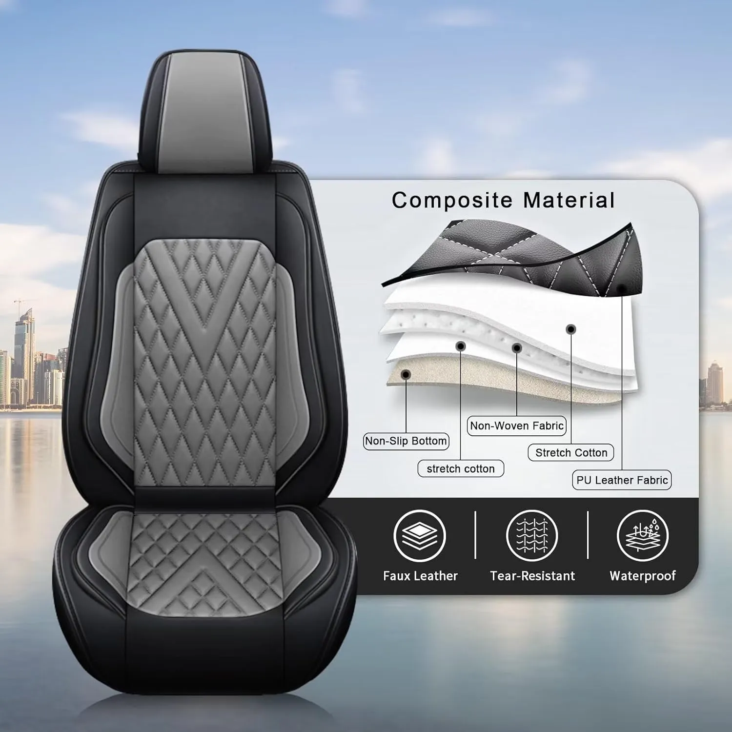 Full Set Car Seat Covers Fit for Volkswagen Taos 2022-2025 Faux Leather Seat Cushion 2 Rows 5 Seats Waterproof Anti-Slip Automotive Interior Accessories (Black & Grey)