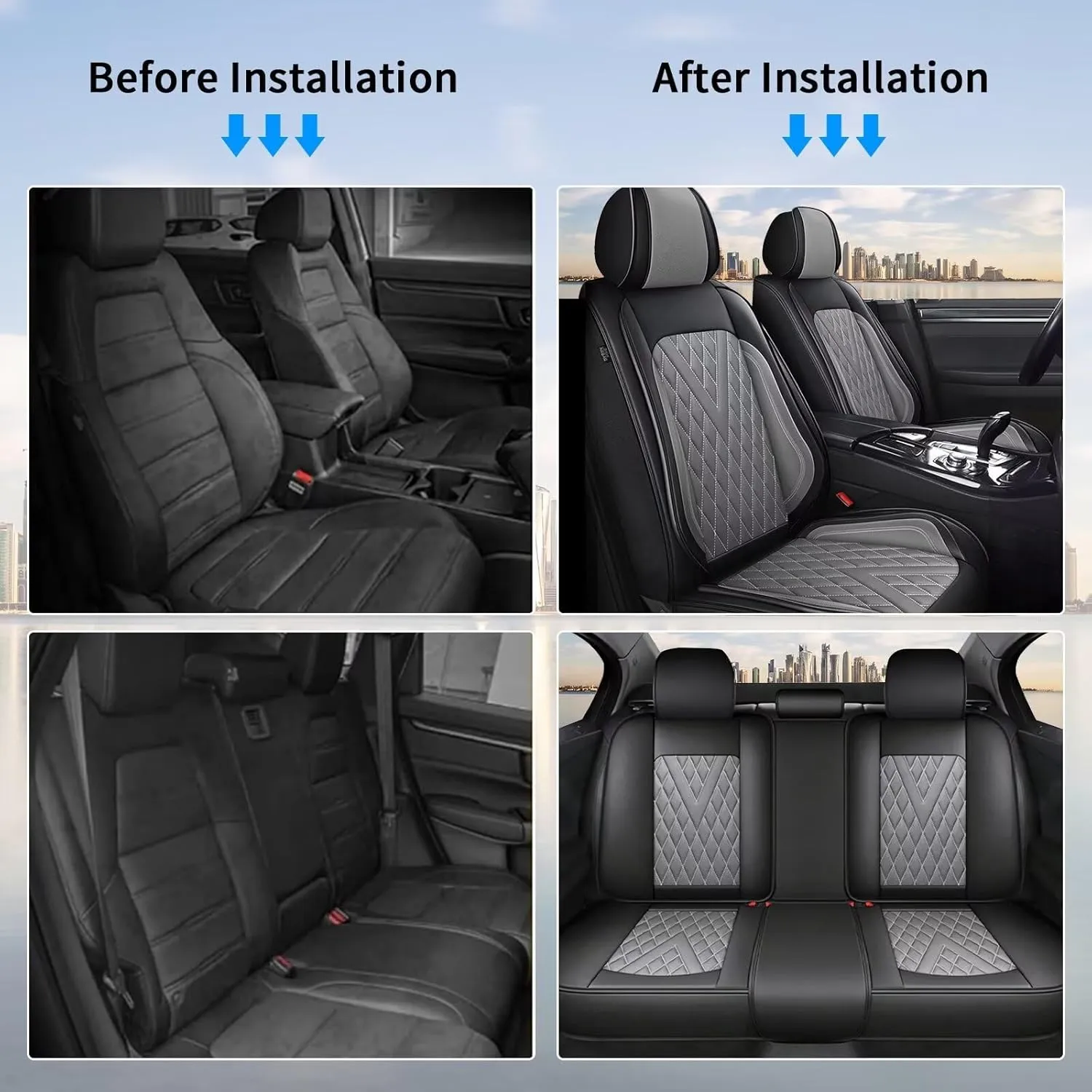 Full Set Car Seat Covers Fit for Volkswagen Taos 2022-2025 Faux Leather Seat Cushion 2 Rows 5 Seats Waterproof Anti-Slip Automotive Interior Accessories (Black & Grey)