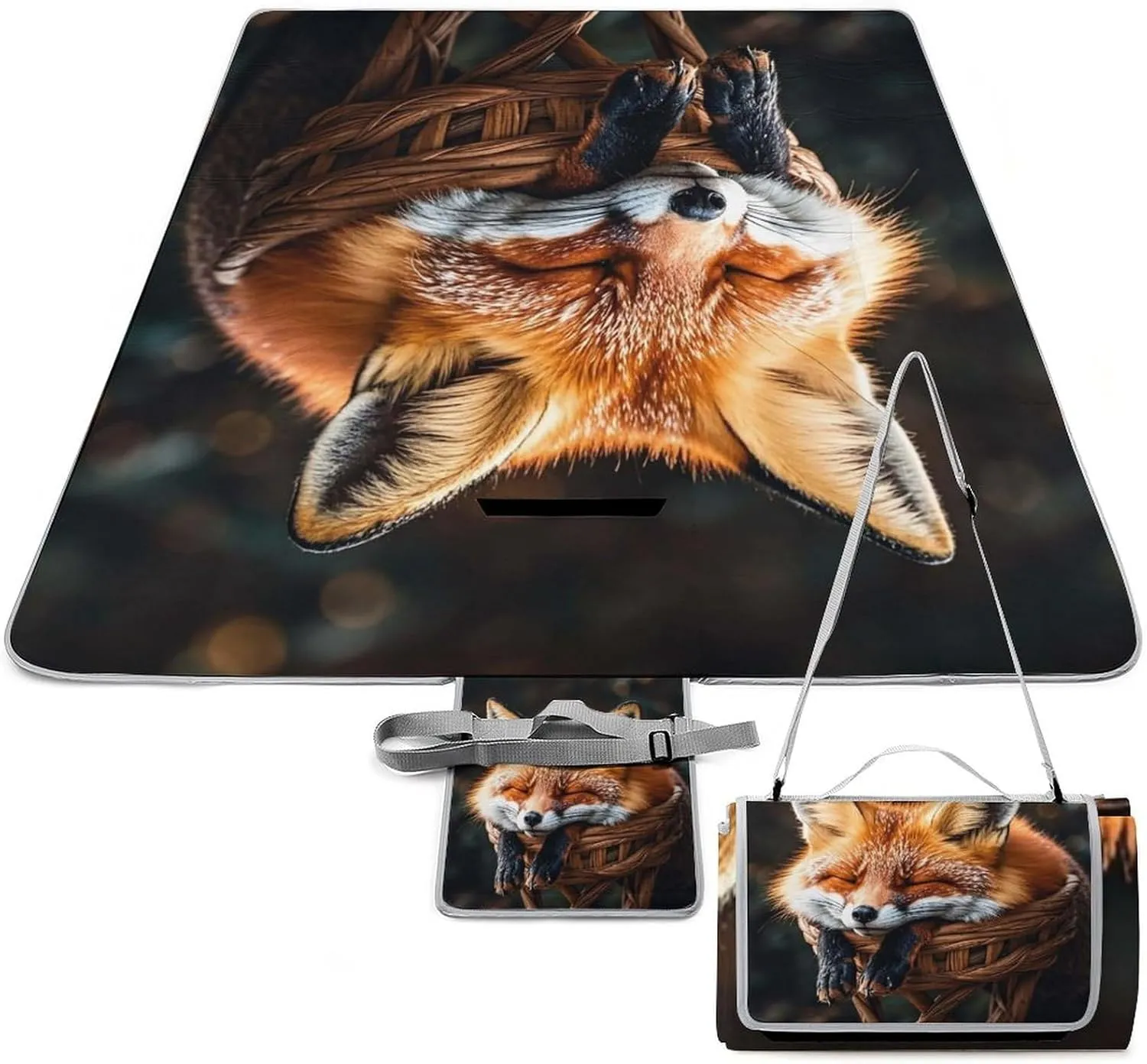 Funny Fox Creature Sleeping Picnic Blanket Outdoor, Oversized Beach Blanket, Foldable Lightweight Waterproof Sand Cushion Suitable for Beaches, Camping Grasslands Mat