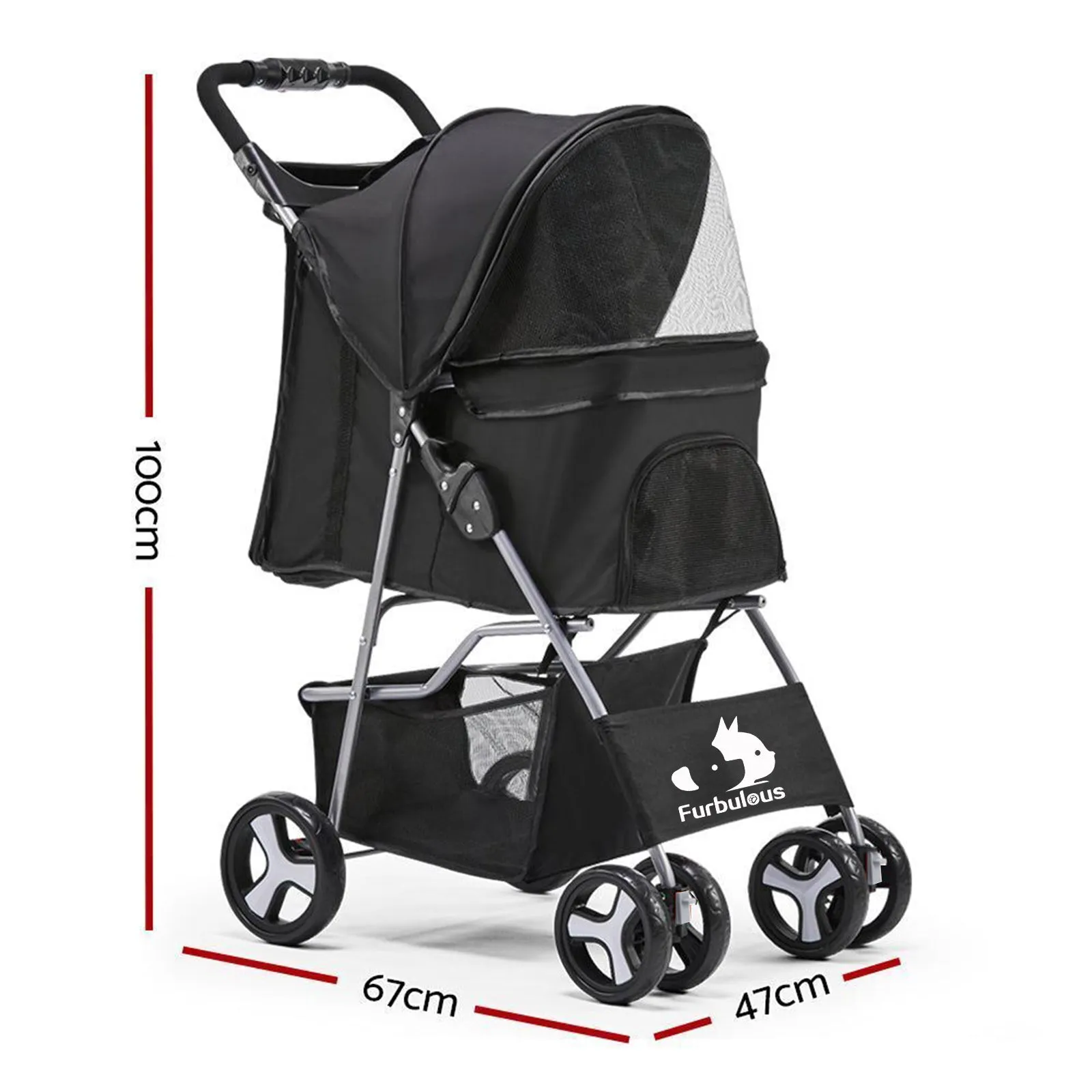 Furbulous Pet Stroller 4 Wheel Foldable Dog Pram Large Cat Travel Carrier - Grey