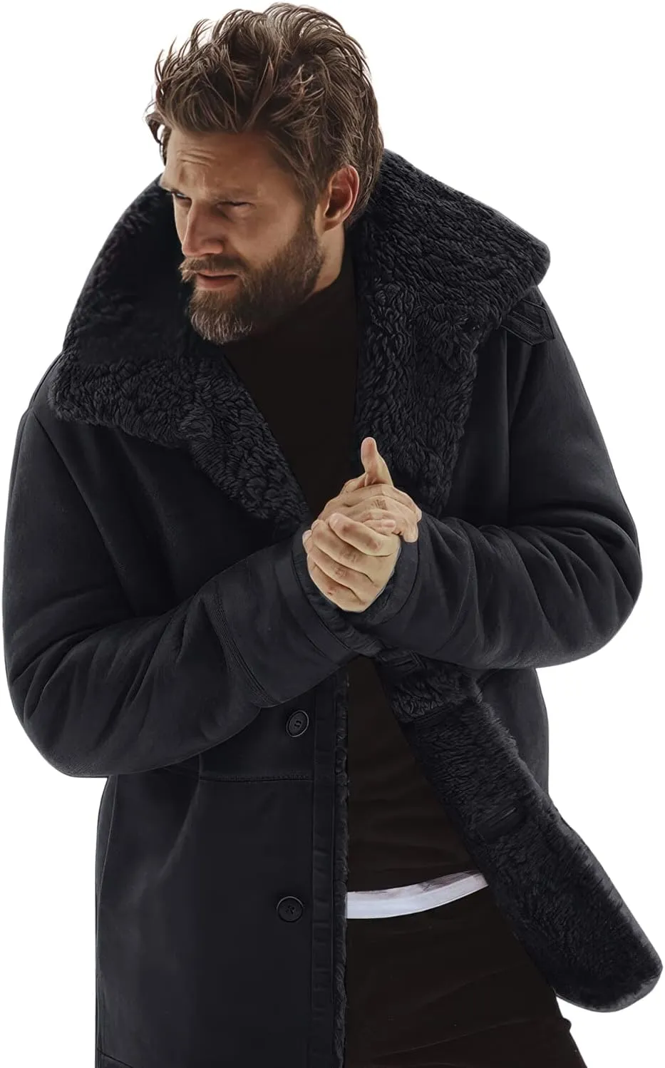 G1 Military Leather Coat for Men - Genuine Suede with Black Sherpa Shearling Faux Fur Lining, Single Breasted