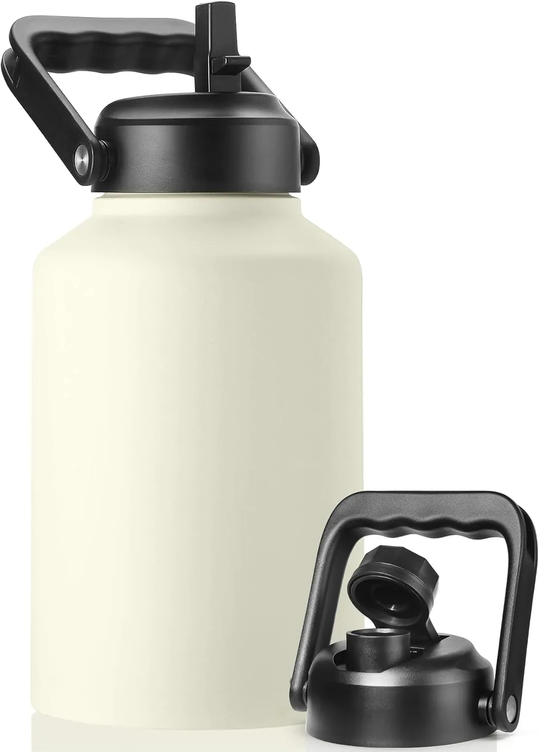Gallon Insulated Water Bottle Jug with Straw, 128 oz Large Stainless Steel Sports Metal Water Canteen With Handle, Thermal Water Cup Mug with 2 Lids, Cream