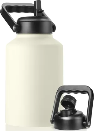 Gallon Insulated Water Bottle Jug with Straw, 128 oz Large Stainless Steel Sports Metal Water Canteen With Handle, Thermal Water Cup Mug with 2 Lids, Cream