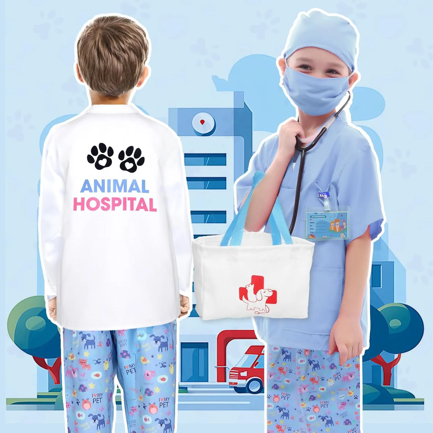 G.C Kids Veterinarian Costume Toddler Doctor Kit Scrubs Doctor Vet Costume Play Set Boys Girls Halloween Dress Up Career Day