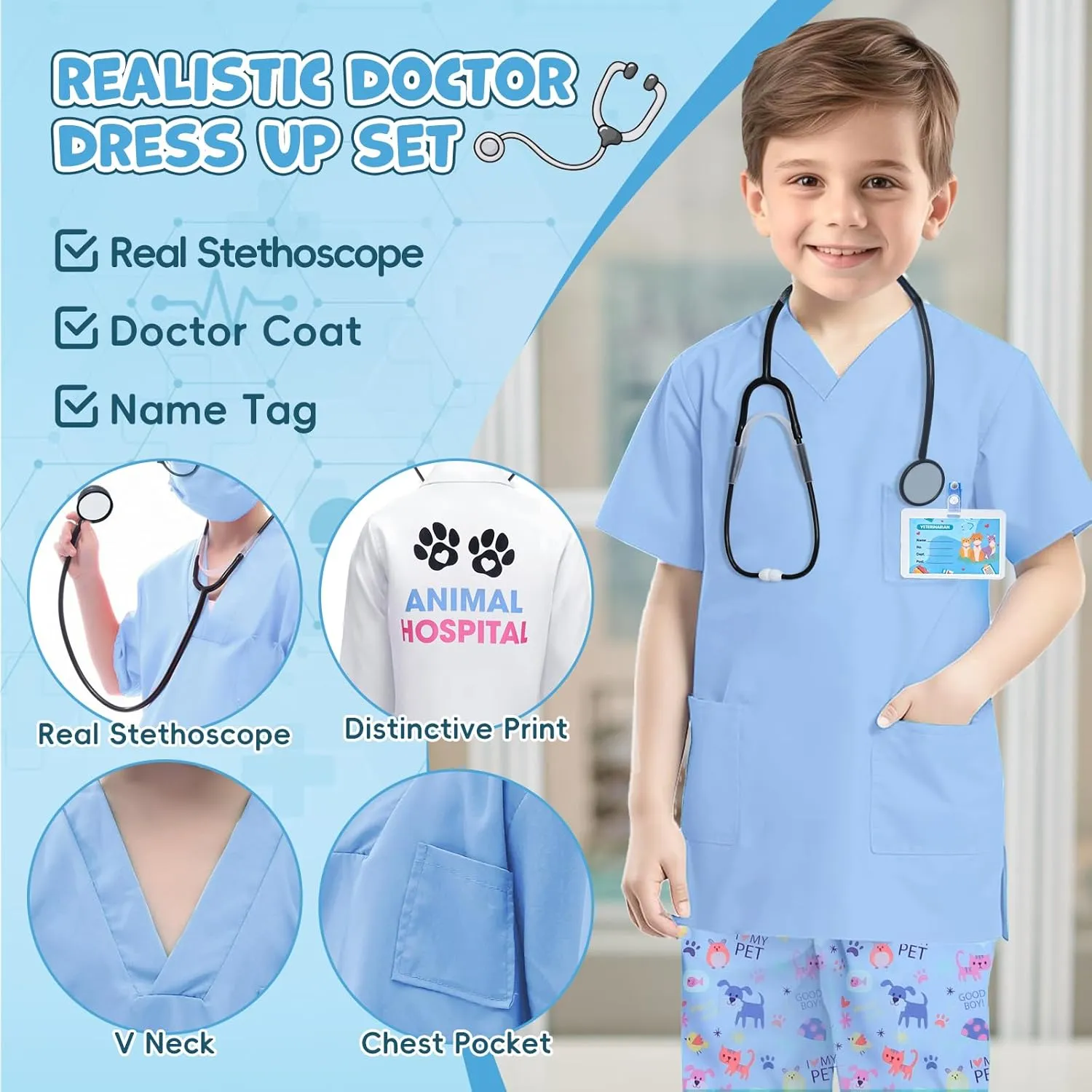 G.C Kids Veterinarian Costume Toddler Doctor Kit Scrubs Doctor Vet Costume Play Set Boys Girls Halloween Dress Up Career Day