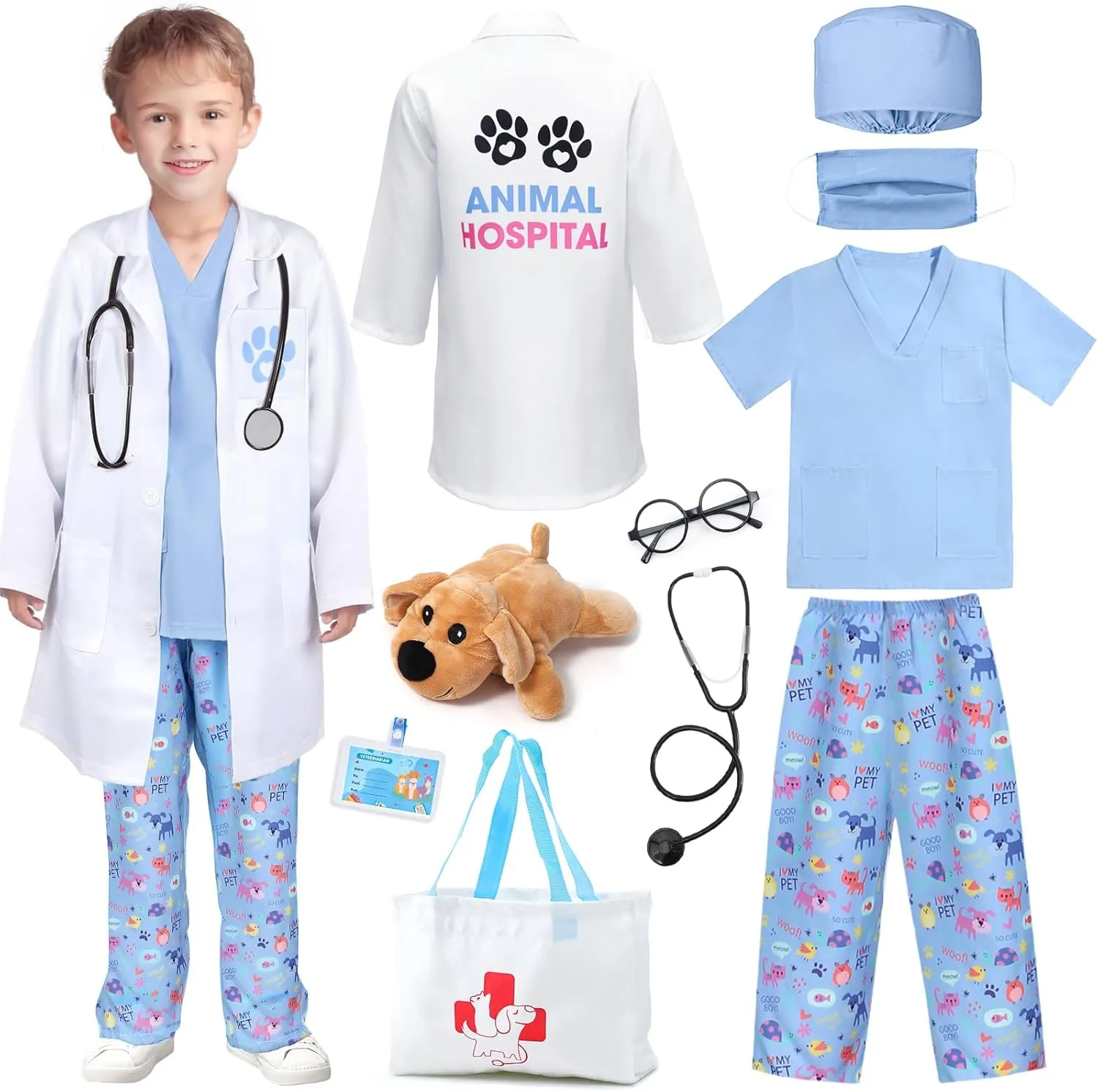 G.C Kids Veterinarian Costume Toddler Doctor Kit Scrubs Doctor Vet Costume Play Set Boys Girls Halloween Dress Up Career Day