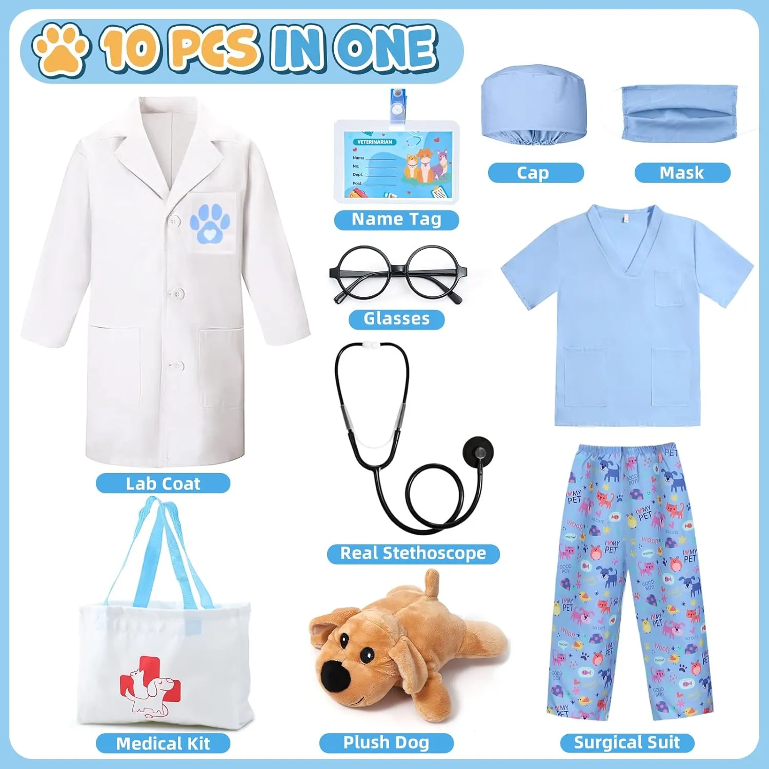 G.C Kids Veterinarian Costume Toddler Doctor Kit Scrubs Doctor Vet Costume Play Set Boys Girls Halloween Dress Up Career Day