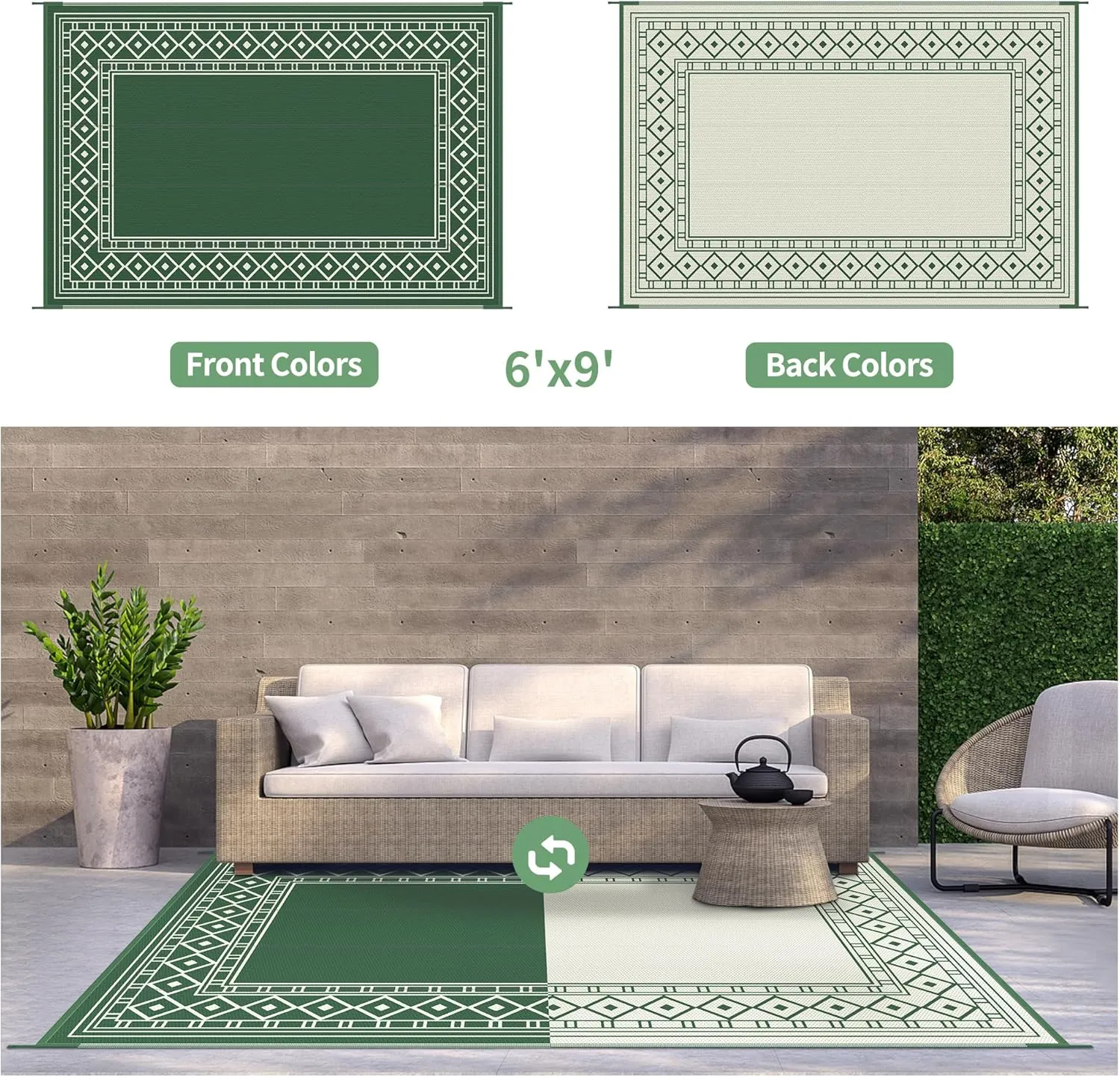 GENIMO Outdoor Rug Waterproof 6'x9' for Patio, Foldable Reversible Plastic Straw Carpet for Travel Trailers, Outside Area Mat for Rv, Deck, Picnic, Porch, Camper, Balcony, Beach, Green & Yellow