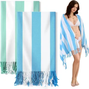 Genovega 2 PacksOversized Turkish Beach Towels 74"x38" Thin Quick Dry Sand Free Pool Swim Bathing Towel Extra Large Blanket Adult Travel Essentials Accessories Summer Vacation Blue LightGreen Stripe