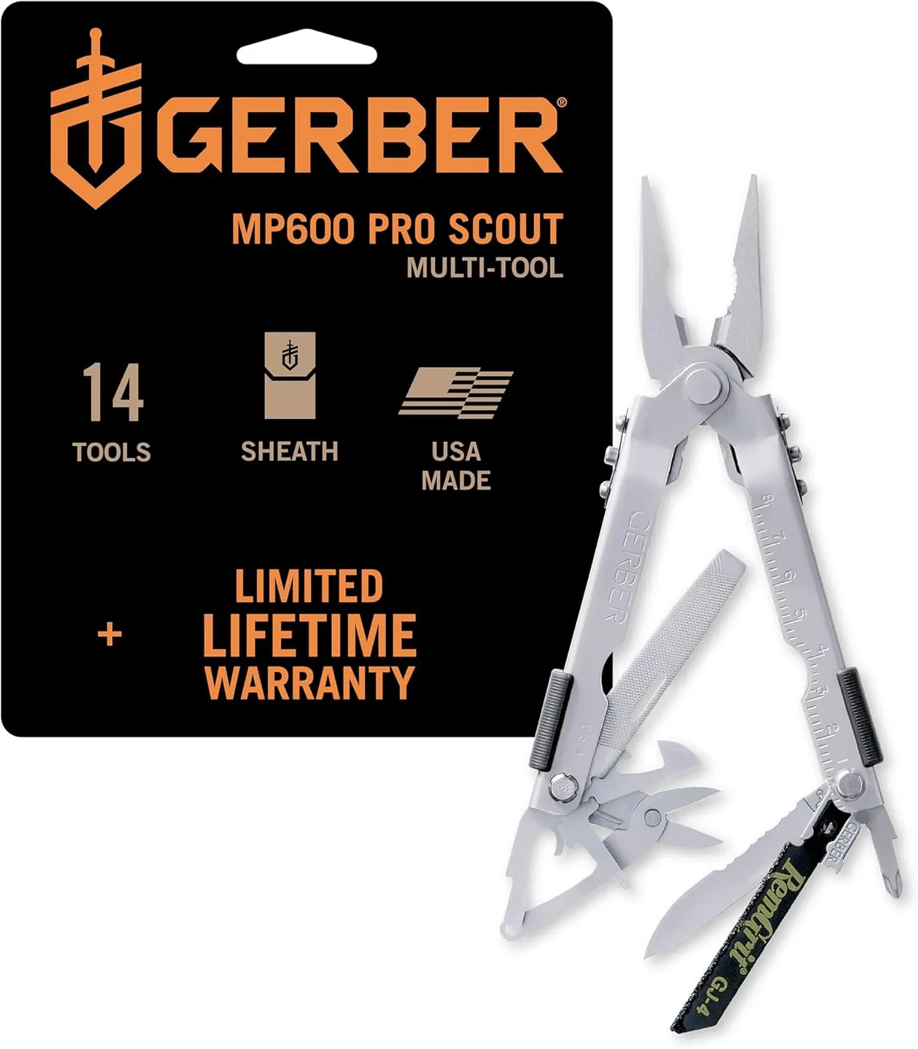 Gerber Gear MP600 Pro Scout Multi-Plier - Multitool with 15 Tools, Including Needlenose Pliers - Premium Multipurpose Tool - 07563N