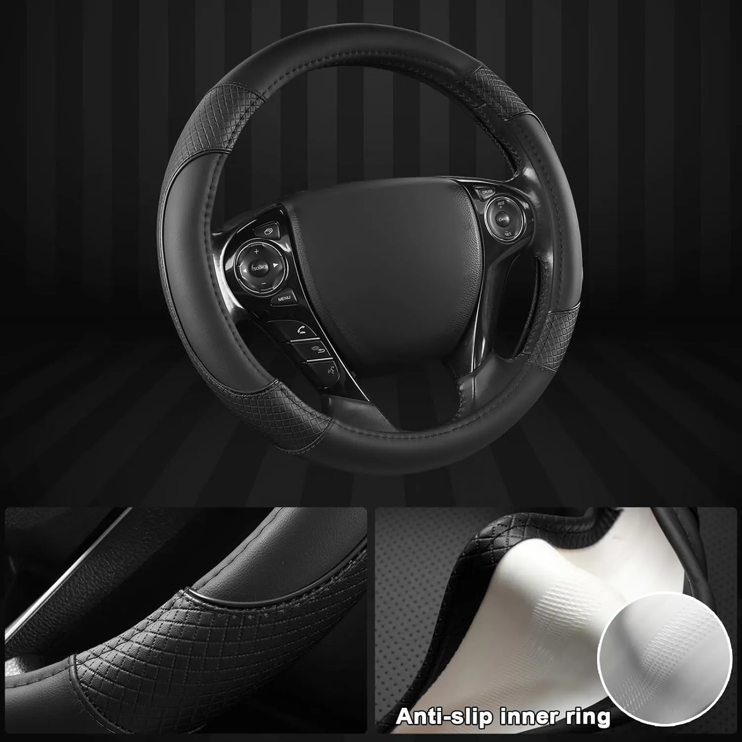 GIANT PANDA Steering Wheel Cover for Honda Civic(2006-2015),CR-Z, Insight, S2000 (Black-Small Size)