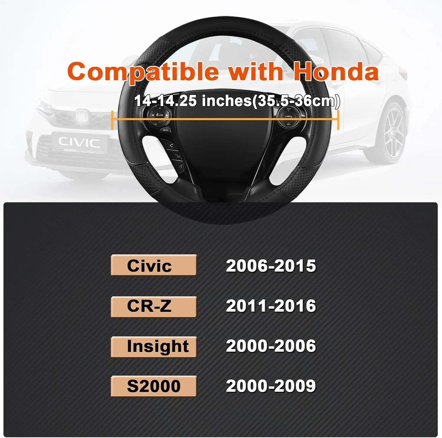 GIANT PANDA Steering Wheel Cover for Honda Civic(2006-2015),CR-Z, Insight, S2000 (Black-Small Size)