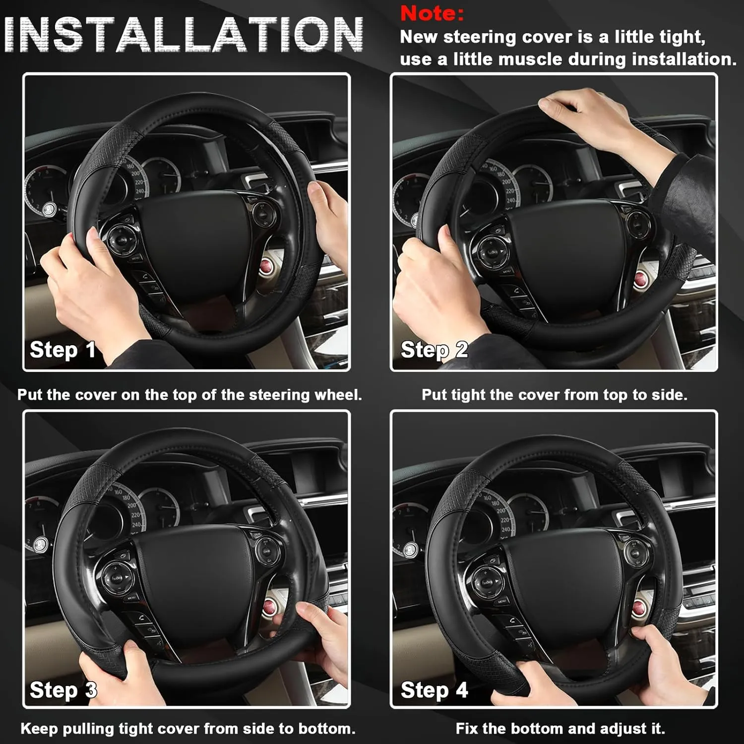 GIANT PANDA Steering Wheel Cover for Honda Civic(2006-2015),CR-Z, Insight, S2000 (Black-Small Size)