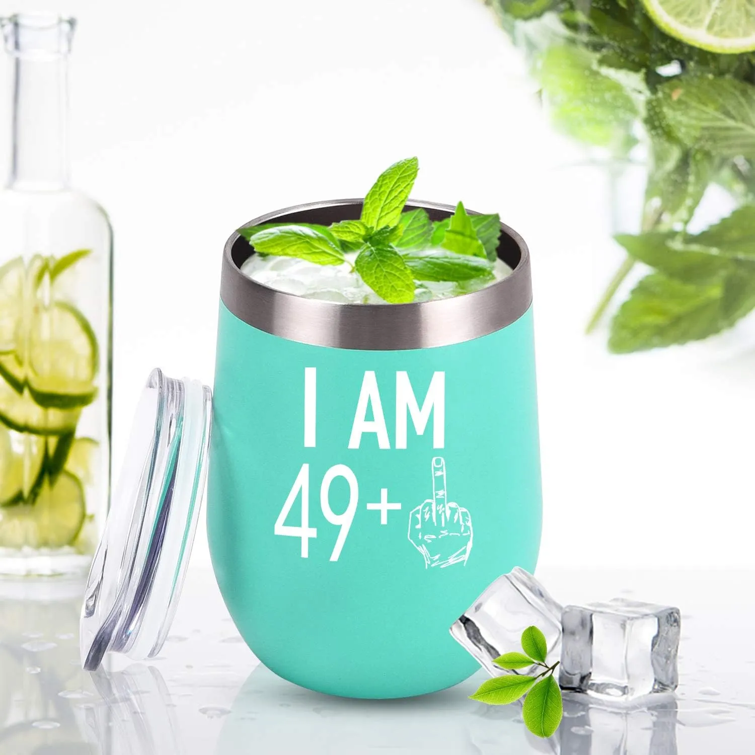 GINGPROUS 49 Plus One Middle Finger Wine Tumbler 50th Idea Tumbler with Lid and Straw, 12oz Stainless Steel Insulated Wine Tumbler, Funny Idea for Friends Women Men, Mint