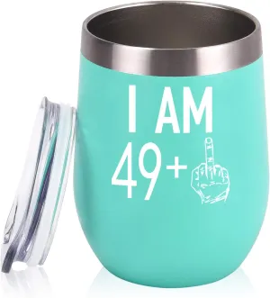 GINGPROUS 49 Plus One Middle Finger Wine Tumbler 50th Idea Tumbler with Lid and Straw, 12oz Stainless Steel Insulated Wine Tumbler, Funny Idea for Friends Women Men, Mint