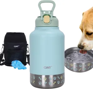 GiNT 37oz Insulated Stainless Steel Dog & Human Water Bottle, All-in-1 Travel Dispenser with Detachable Bowls & Carrying Case, Leak-Proof Pet Canteen for Walking, Hiking, Camping, Car (Green)