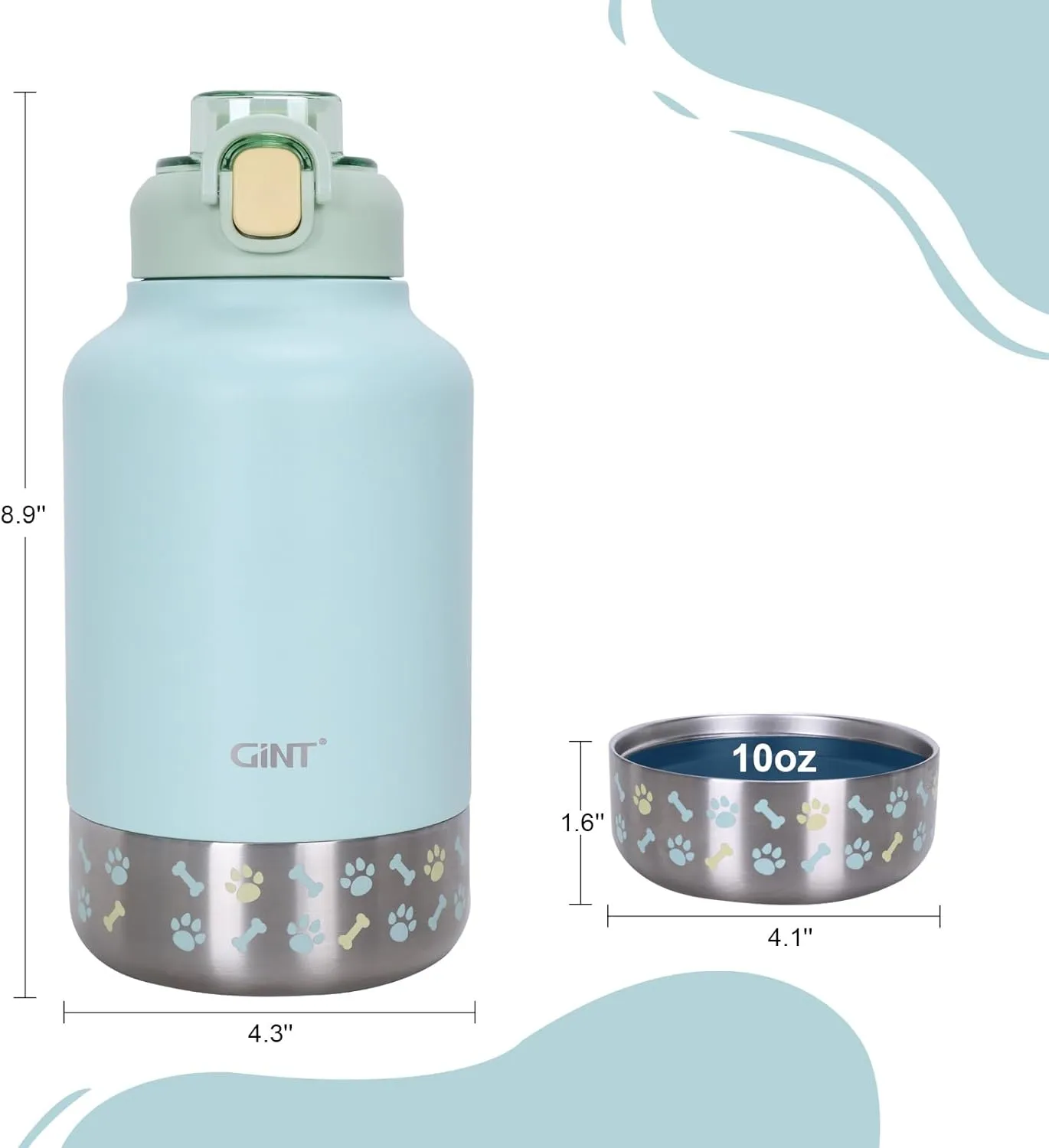 GiNT 37oz Insulated Stainless Steel Dog & Human Water Bottle, All-in-1 Travel Dispenser with Detachable Bowls & Carrying Case, Leak-Proof Pet Canteen for Walking, Hiking, Camping, Car (Green)