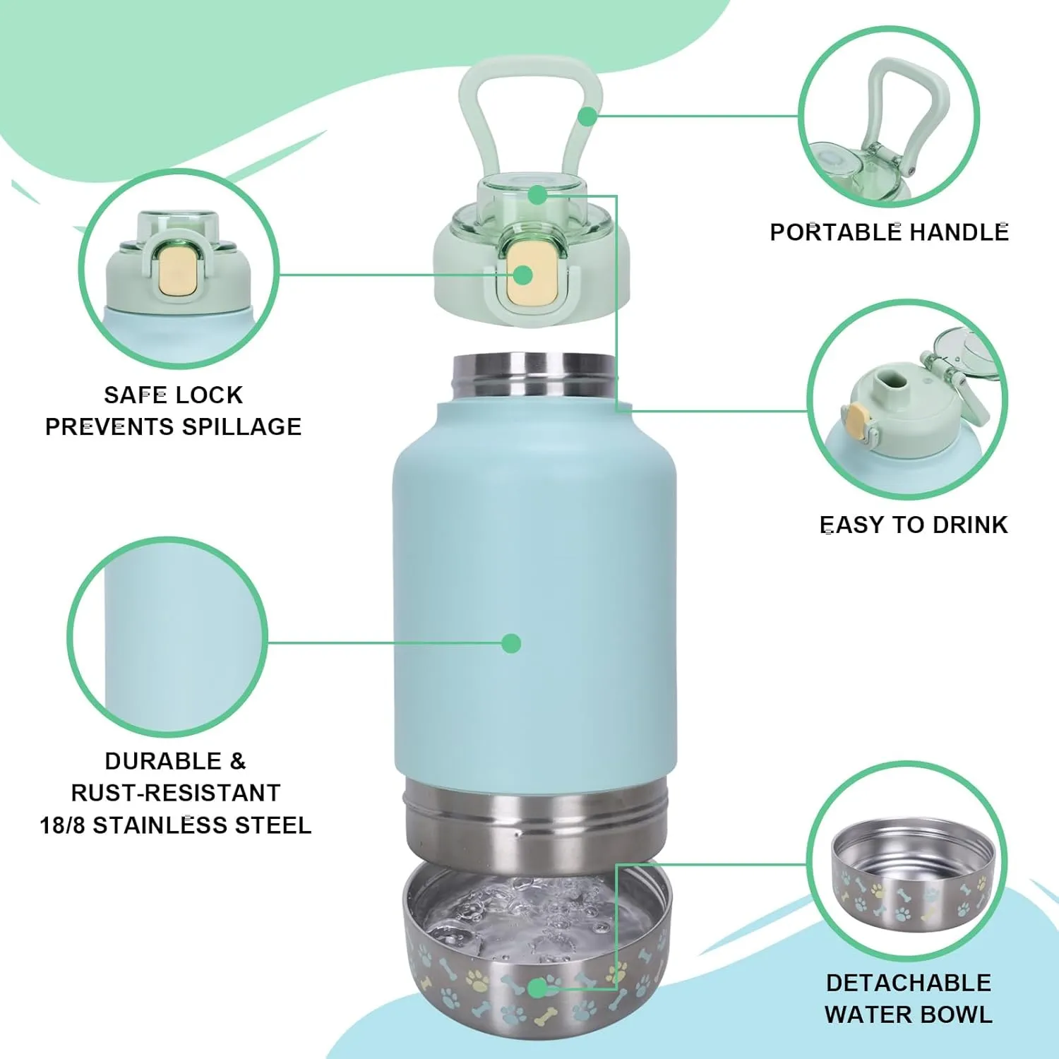 GiNT 37oz Insulated Stainless Steel Dog & Human Water Bottle, All-in-1 Travel Dispenser with Detachable Bowls & Carrying Case, Leak-Proof Pet Canteen for Walking, Hiking, Camping, Car (Green)