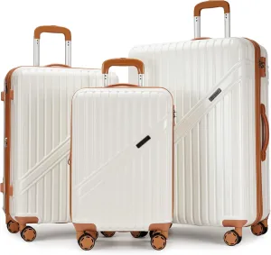 GinzaTravel Luggage Sets 3-Piece Expandable Suitcases with Wheels PC ABS Durable Hardside Luggage sets TSA lock（White   Brown）