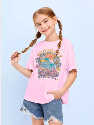 Girl Beach Shirt Sunrise Sunset Sunshine T Shirt for Teen Girls Hawaiian Oversized Graphic Tees Summer Vacation Tops