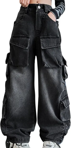 Girls Baggy Jeans Y2k Streetwear Denim Cargo Pants Distressed Elastic High Waist Wide Leg Clothes Multi Pocket 5-16T
