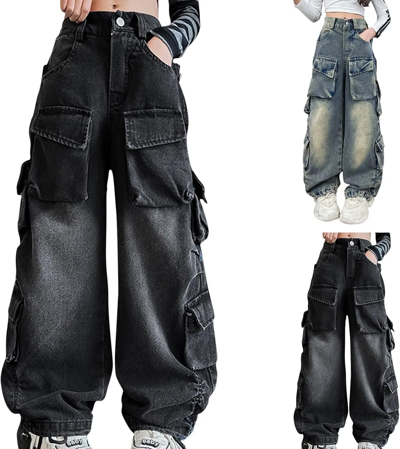 Girls Baggy Jeans Y2k Streetwear Denim Cargo Pants Distressed Elastic High Waist Wide Leg Clothes Multi Pocket 5-16T