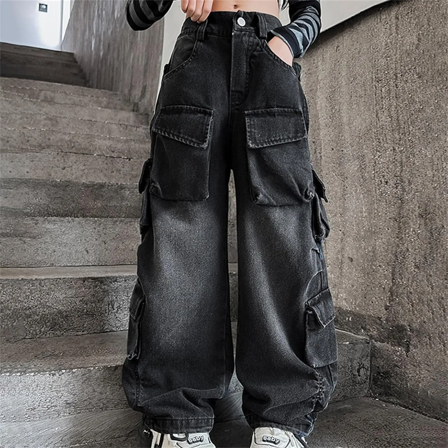 Girls Baggy Jeans Y2k Streetwear Denim Cargo Pants Distressed Elastic High Waist Wide Leg Clothes Multi Pocket 5-16T