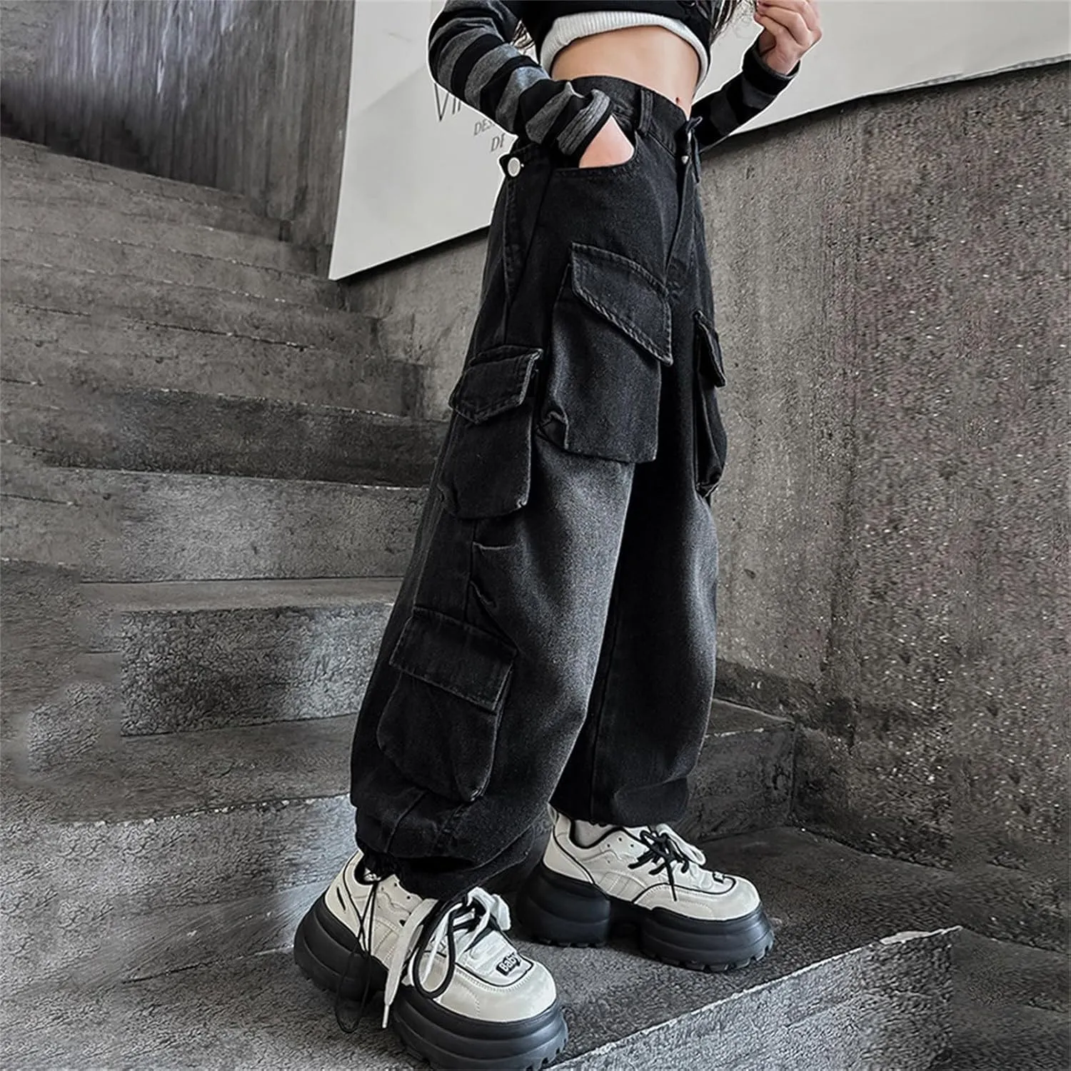 Girls Baggy Jeans Y2k Streetwear Denim Cargo Pants Distressed Elastic High Waist Wide Leg Clothes Multi Pocket 5-16T