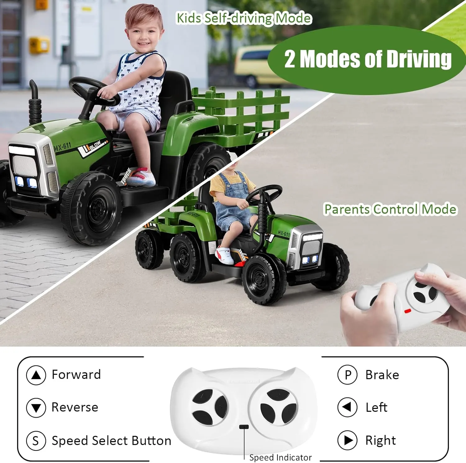GLACER 12 V Kids Ride on Tractor w/Trailer, Battery Powered Toy Car, w/Parent Remote Control, Soft Start & Stop, 3 Gear Shift, LED Lights, Multi-Media Electric Vehicle Toy for 3  Years, Gray Green