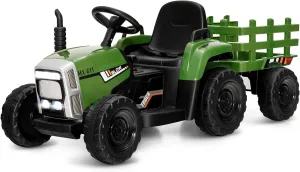 GLACER 12 V Kids Ride on Tractor w/Trailer, Battery Powered Toy Car, w/Parent Remote Control, Soft Start & Stop, 3 Gear Shift, LED Lights, Multi-Media Electric Vehicle Toy for 3  Years, Gray Green