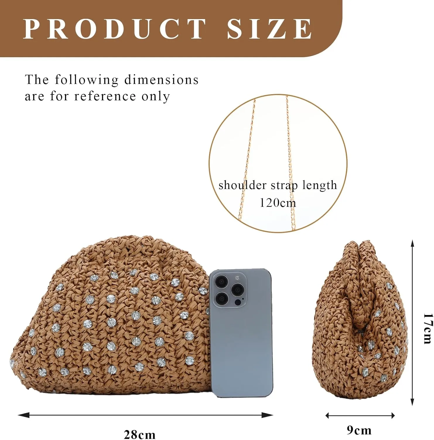 GOKTOW Straw Rhinestone Dumpling Clutch Purse,Summer Raffia Rattan Vacation Beach Bag for Women 2025
