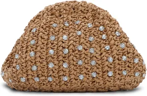 GOKTOW Straw Rhinestone Dumpling Clutch Purse,Summer Raffia Rattan Vacation Beach Bag for Women 2025