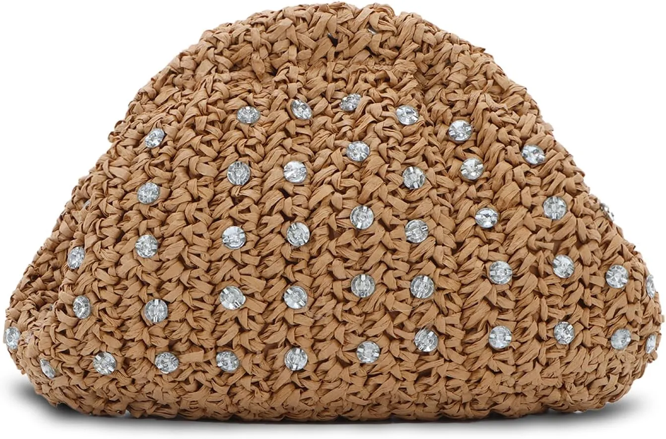 GOKTOW Straw Rhinestone Dumpling Clutch Purse,Summer Raffia Rattan Vacation Beach Bag for Women 2025