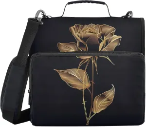 Golden Luxury Rose Flower Line Zipper Binder with Shoulder Strap Trapper Keeper 3 Ring Binder Organizer Large Capacity Multiple Compartments for School Office