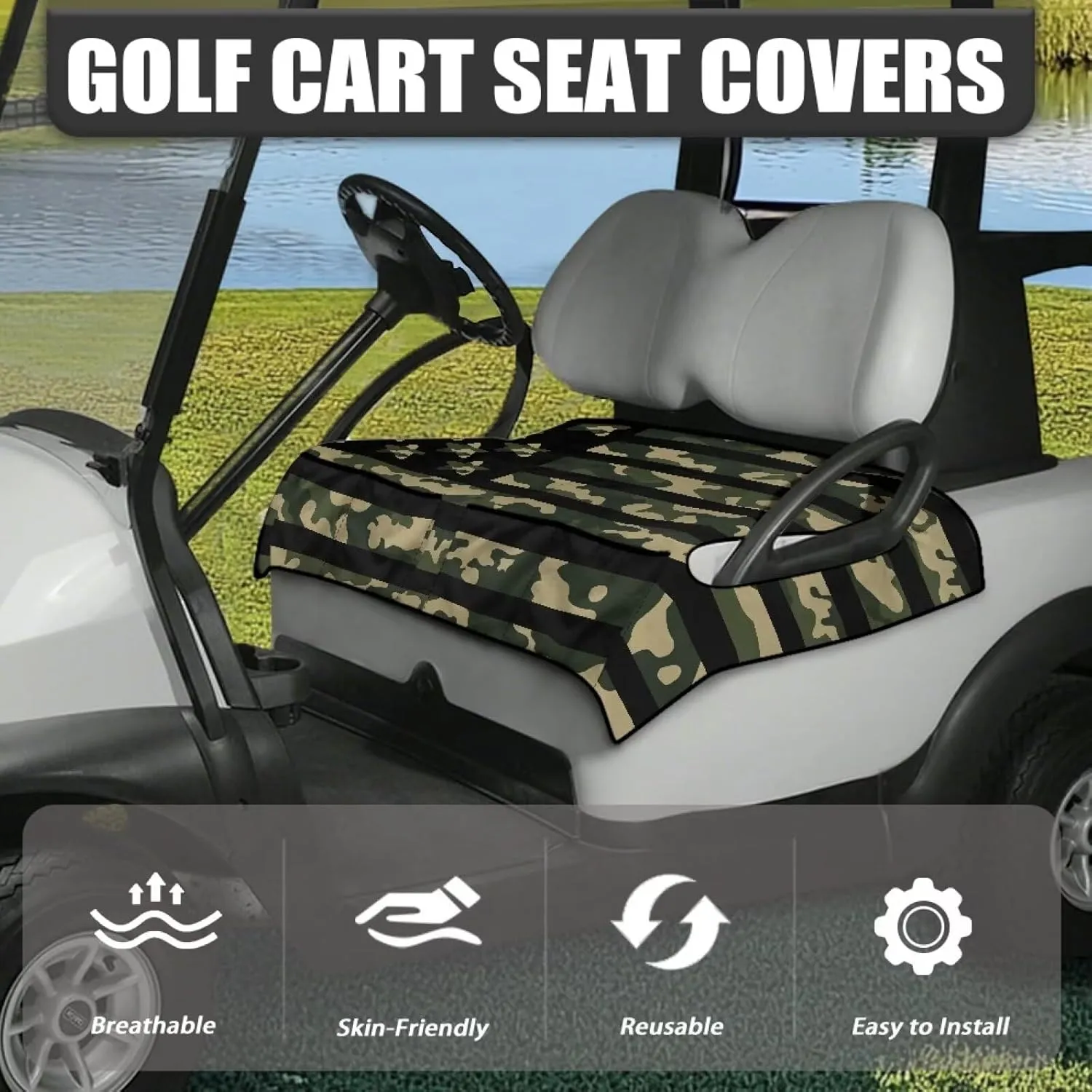 Golf Cart Seat Covers, Universal Golf Cart Seat Towel Blanket with 4 Front Pockets & Nonskid Bottom Fits for Club Car 2 Person Seats Golf Carts