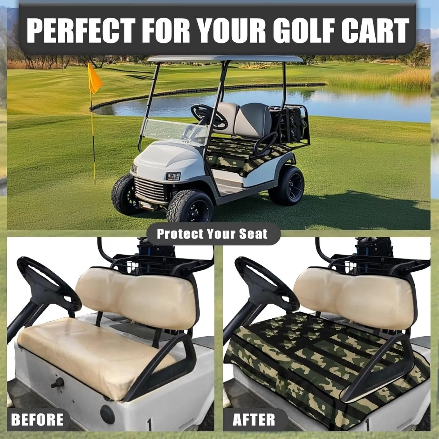 Golf Cart Seat Covers, Universal Golf Cart Seat Towel Blanket with 4 Front Pockets & Nonskid Bottom Fits for Club Car 2 Person Seats Golf Carts