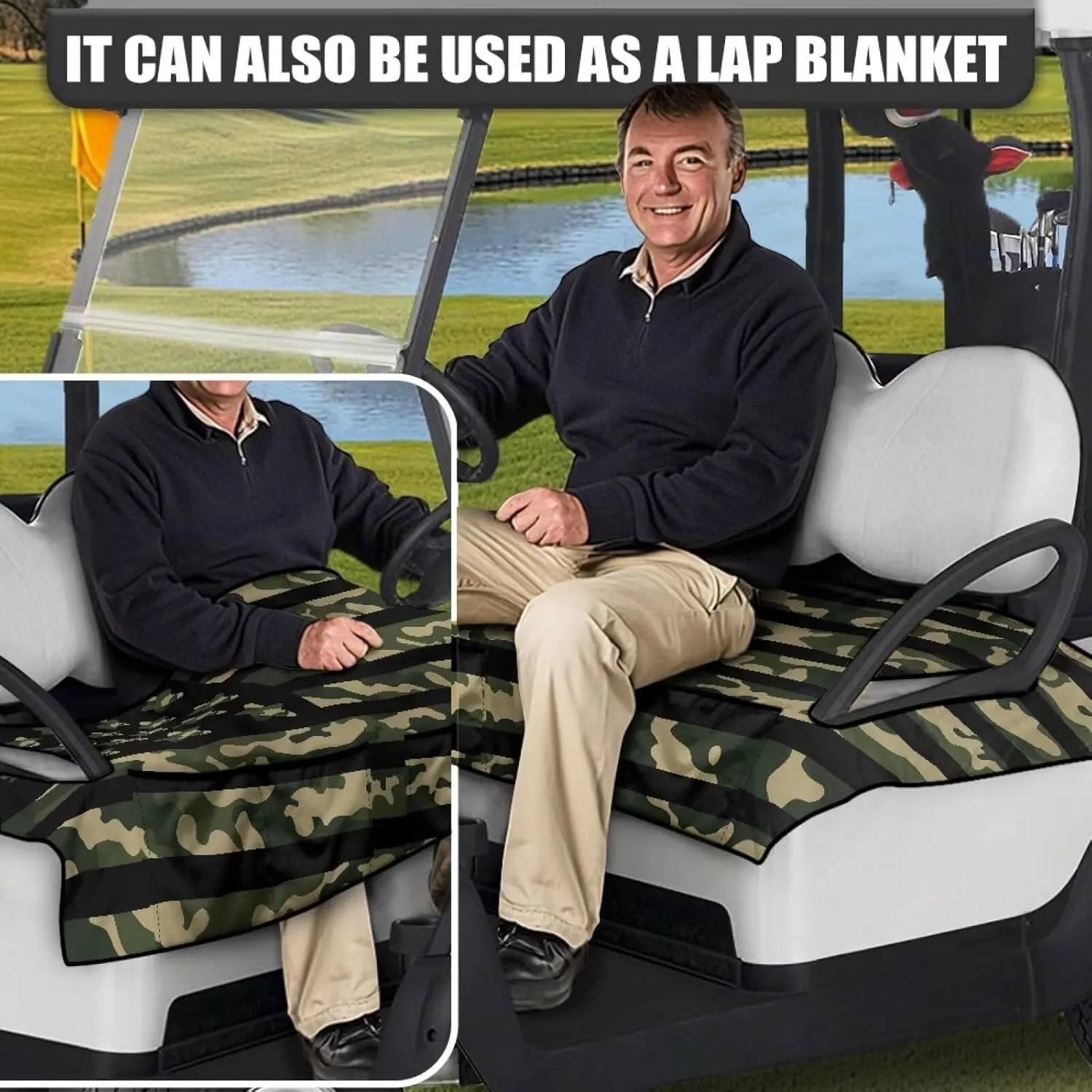 Golf Cart Seat Covers, Universal Golf Cart Seat Towel Blanket with 4 Front Pockets & Nonskid Bottom Fits for Club Car 2 Person Seats Golf Carts
